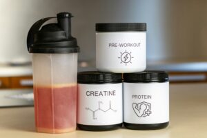 Three containers of protein powder next to a blender: Protein intake